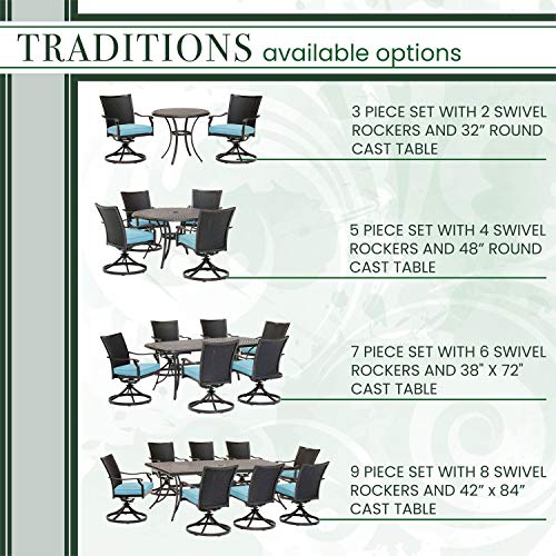 Hanover Traditions 7-Piece Outdoor Dining Set with 6 Blue Cushioned Wicker Back Swivel Rocker Chairs and Cast Table