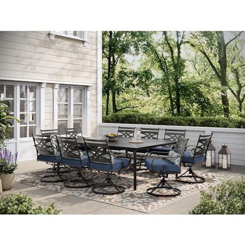 Hanover Montclair 11-Piece Patio Dining Set with 10 Swivel Rocker Chairs and Lumbar Pillows Navy Blue