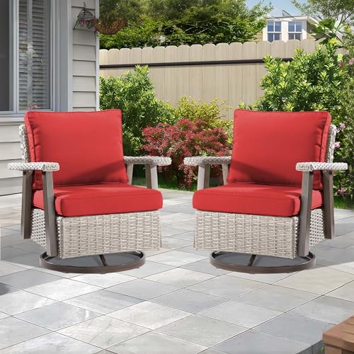 Yokayoay Wicker Patio Chairs Set of 2 Outdoor Swivel Rocking Chairs Grey/Red