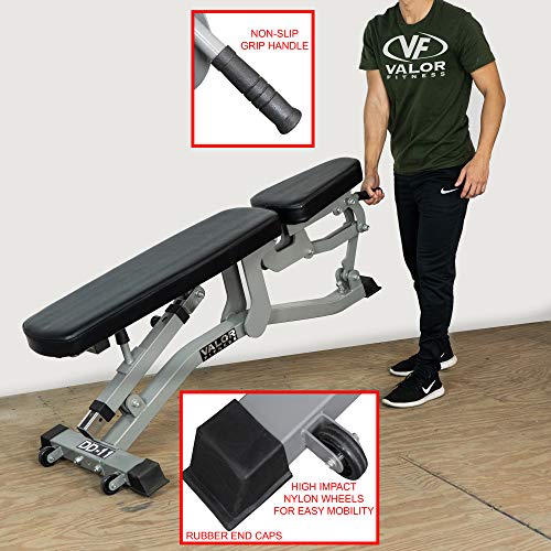 Valor Fitness Adjustable Weight Bench for Flat/Incline Bench Press with Wheels Black
