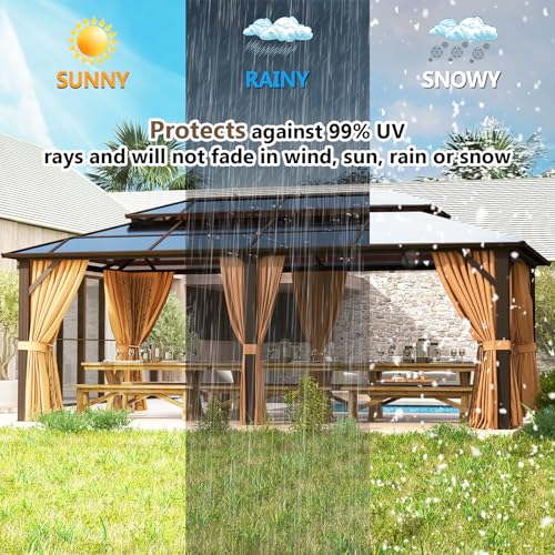 oneinmil 12'x20' Hardtop Gazebo with Netting and Curtains, Aluminum Frame, Heavy Duty Canopy for Patio, Backyard, Lawn Brown