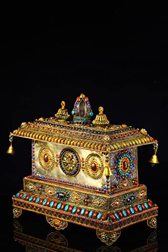 Generic 14" Tibetan Temple Collection Silver Gilt Gem Dzi Beads Wind Chimes Buddha Statue Four-Armed Guanyin Exorcism 1