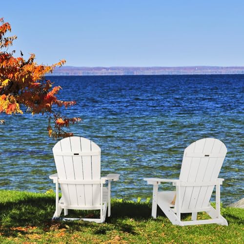 hOmeQomi Adirondack Chairs Set of 4 All Weather Resistant Plastic Outdoor Chairs with Cup Holder White