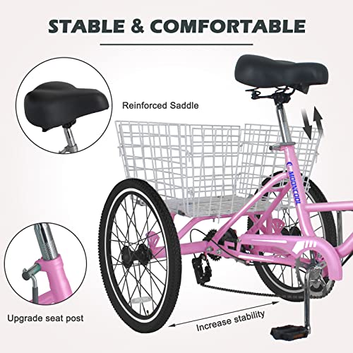 Barbella Adult Folding Tricycles 7 Speed 20/24/26 Inch 3 Wheel Cruiser Bike Light Pink