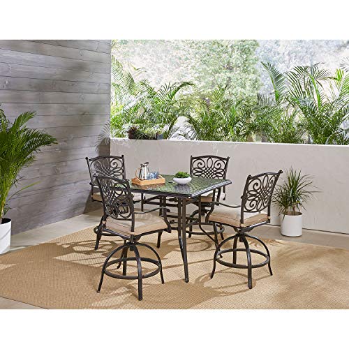 Hanover Traditions 5-Piece High-Dining Set with Cushioned Swivel Chairs and 42" Square Cast-Top Table Tan