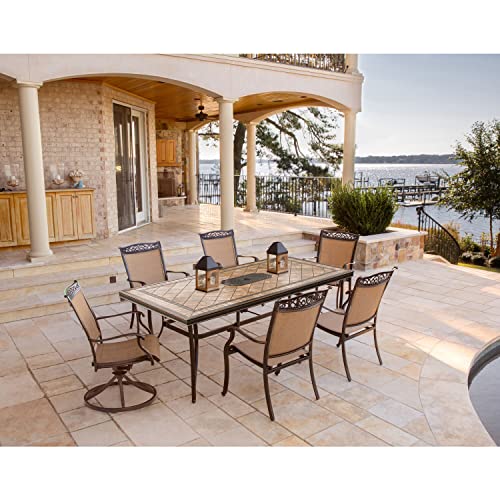 Hanover Fontana 7-Piece Patio Dining Set Rust Resistant Aluminum Outdoor Dining Set for 6 with Swivel Rockers and Tile-Top Table Tan