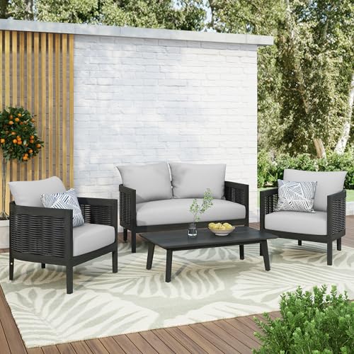 Merax 4-Piece Outdoor Acacia Wood Wicker Conversation Set Grey