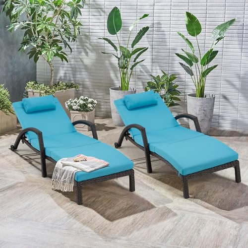 HOMREST Chaise Lounge Chairs Set of 6 PE Rattan Wicker Adjustable Pool Lounger Blue