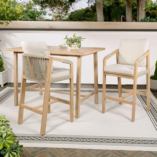 JONATHAN Y Porto Modern Coastal 3-Piece Acacia Wood Outdoor Bar Set with Cushions Beige/Light Teak