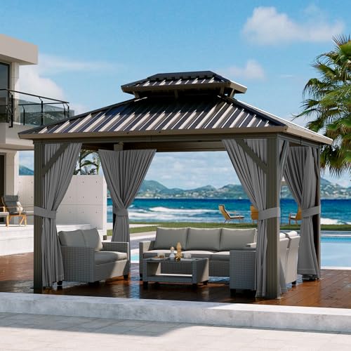 GAOMON Hardtop Double Roof Gazebo with Netting and Curtains Gray