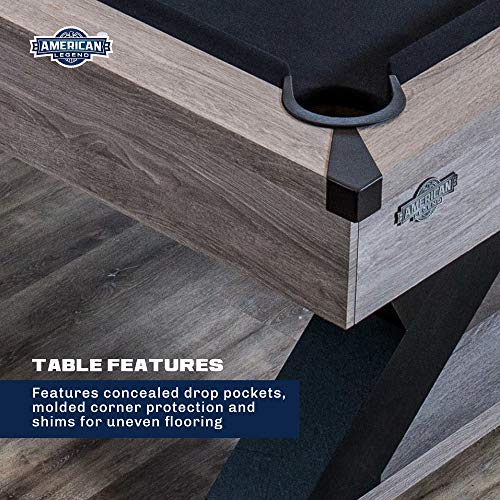 American Legend Kirkwood 90” Billiard Table with Rustic Finish, K-Shaped Legs and Black Cloth Brown