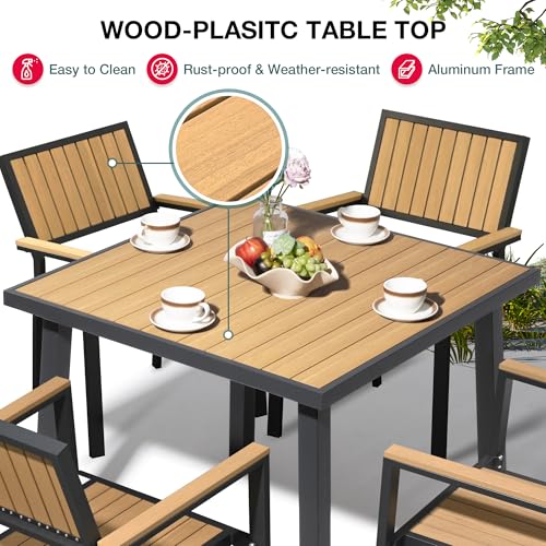 Pamapic 6-Piece Outdoor Aluminum Patio Dining Set with Plastic-Wood Table Top and 4 Stackable Chairs Teak