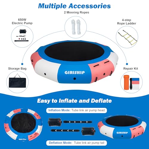 GIRISHIP Inflatable Water Trampoline 15FT with Electric Pump Blue-Pink-White