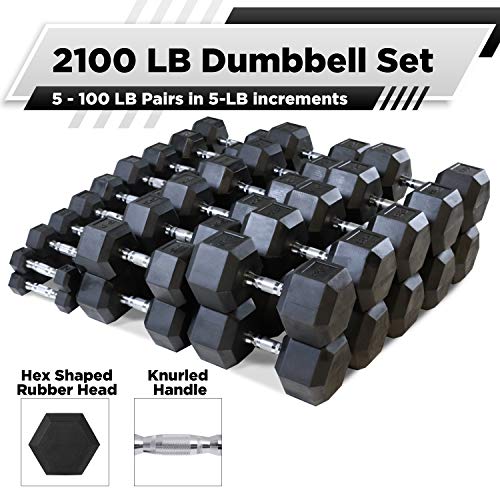 WF Athletic Supply Rubber Coated Hex Dumbbell Set - Multiple Choices Available - 5-100LB Dumbbells Only