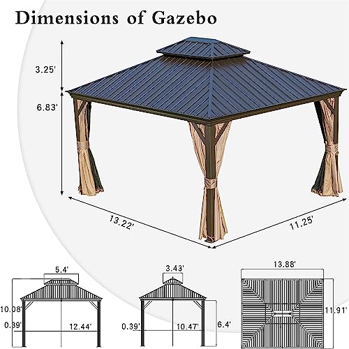 LOPOO Hardtop Gazebo with Curtains & Netting - Outdoor Aluminum Frame Pavilion with Steel Double Roof Canopy - Brown 12Ft x 14Ft