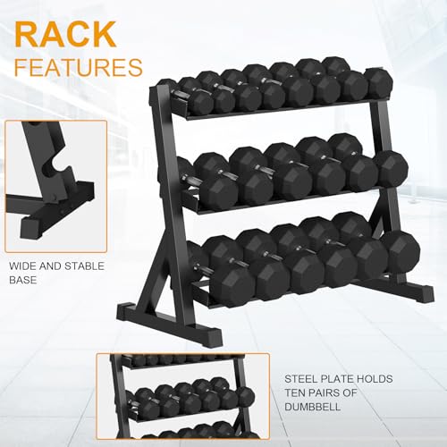 GarveeLife Premium Rubber Coated Hex Dumbbell Weight Set with Rack Black
