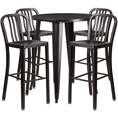Flash Furniture Commercial Grade 30" Round Black-Antique Gold Metal Indoor-Outdoor Bar Table Set with 4 Stools