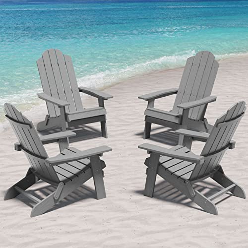 MXIMU Folding Adirondack Chair Set of 4 Plastic Outdoor Chairs Grey