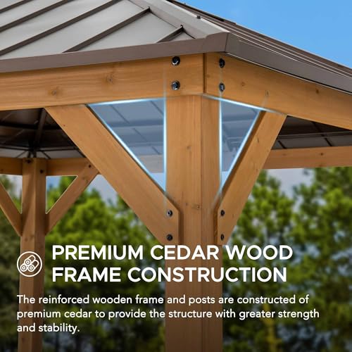 Sunjoy Hardtop Gazebo 11 x 11 ft Cedar Frame Brown Steel Polycarbonate Roof Brown + Natural Wood