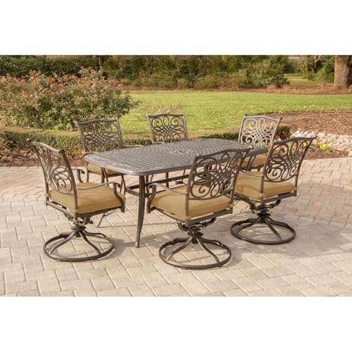 Hanover Traditions 7-Piece Patio Dining Set with 6 Swivel Rocker Chairs and Tan Cushions