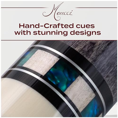 Meucci Pool Cues - Merry Widow Blue & Gray Maple Cue Stick with Paua Shell Squares Design, Irish Linen Wrap - Smoke Stain, Blue/Black Lacquered Linen