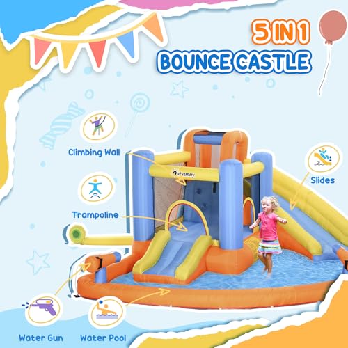 Outsunny Inflatable Water Slide 5-in-1 Bouncy Castle Orange/Blue/Yellow