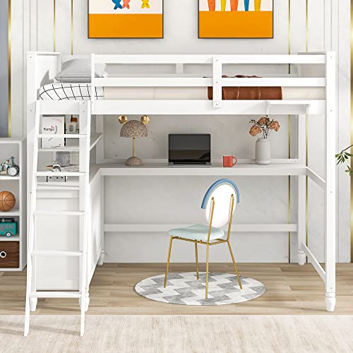 Harper & Bright Designs Full Size Loft Bed with Desk and Storage Drawers White