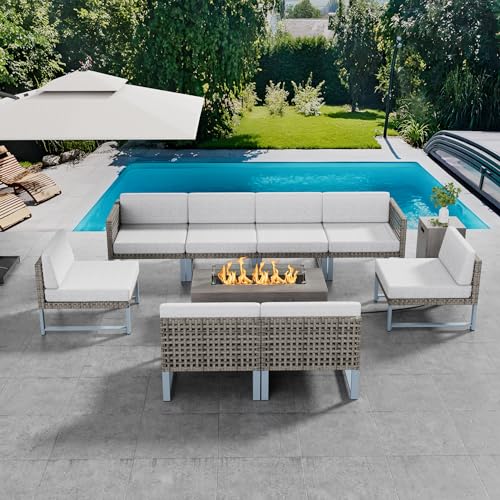 SUNPEAK Outdoor Patio Furniture Set with Sectional Couch and Fire Pit Table Light Brown Wicker 9 pcs