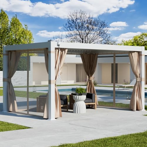 COSIEST 10'×13' Louvered Aluminum Pergola with Adjustable Roof & Curtains White