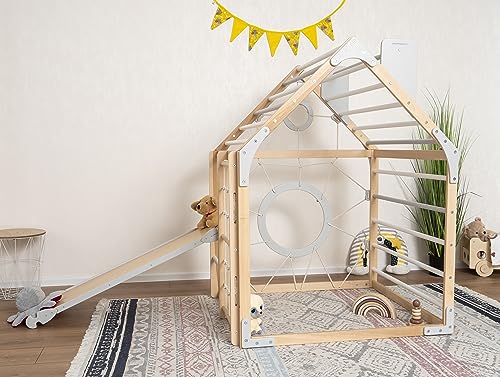Wood And Hearts Toddler Gym Playhouse Montessori Climbing Set Natural Wood+Gray