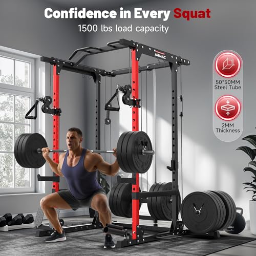ARMAC 1500lbs Multi-Function Power Rack with Adjustable Cable Crossover Black+Red 01