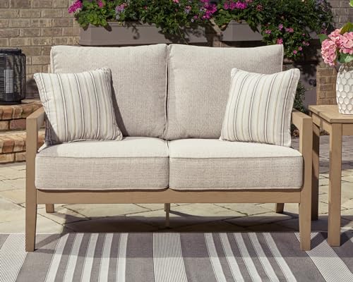 Signature Design by Ashley Hallow Creek Cottage Weather Resistant Outdoor Loveseat with Cushion and 2 Throw Pillows Light Brown & Beige