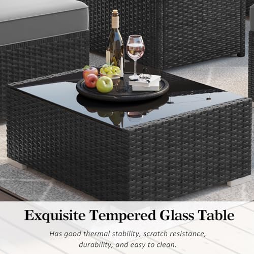 LayinSun 15 Piece Patio Furniture Set with Fire Pit Table, Wicker Rattan Sectional Sofa, Coffee Table F15-Black/Gray