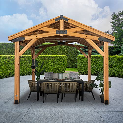 Backyard Discovery Norwood 16 ft. x 12 ft. Cedar Wood Gazebo Pavilion with Steel Roof Light Brown