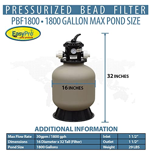 EasyPro Pond Products PBF1800 Pressurized Bead Filter for Ponds & Fish Systems 1800 Gallon Max
