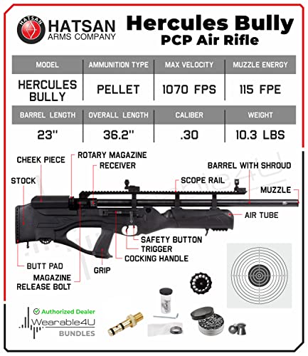 Wearable4U Hatsan HGHercBull-30 Hercules Bully .30 Caliber Air Rifle Bundle with Towel, 100 Pellets, 100 Targets Black