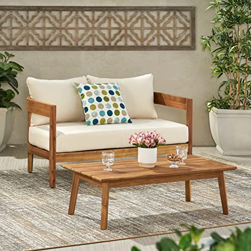 Christopher Knight Home Alina Outdoor Acacia Wood Loveseat Set with Coffee Table Teak Finish, Beige