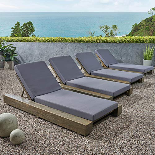 Great Deal Furniture Outdoor Acacia Wood Chaise Lounge Cushion Set of 4 Sandblast Gray Finish, Dark Gray