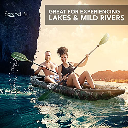 SereneLife 2 Person Inflatable Kayak - Double Kayak with Aluminum Paddles, Repair Kit - Lightweight, Portable Adult Kayaks with High-Output Pump - Durable Vinyl Kayak for Lake, Mild River - Camo