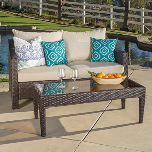 GDFStudio Outdoor Wicker Loveseat & Table with Water Resistant Cushions Brown/Beige