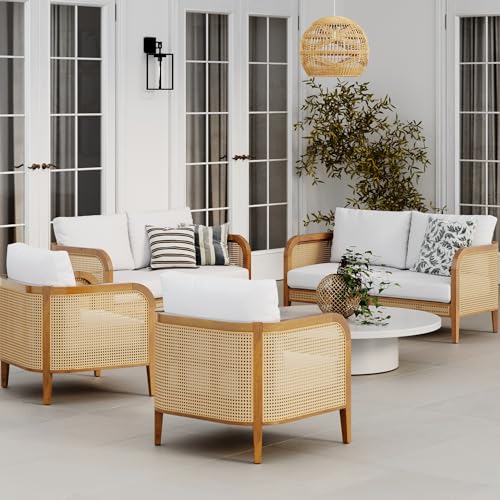 Nathan James Twila Bohemian Outdoor Loveseat Rattan Patio Sofa Light Acacia Wood/Linen White