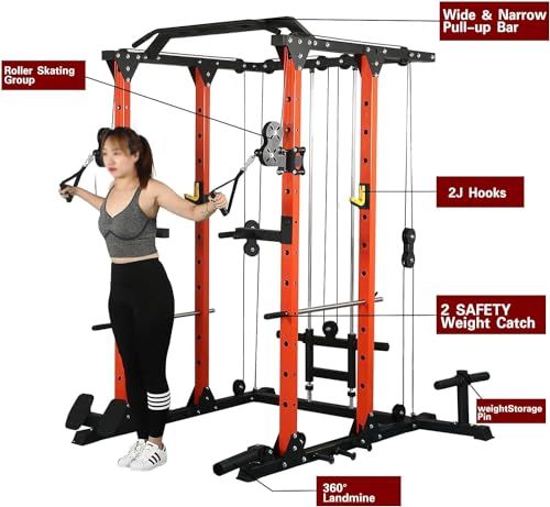 REDAEL Versatile Power Cage with LAT Pulldown, Weight Storage, and Optional Bench Orange+Black