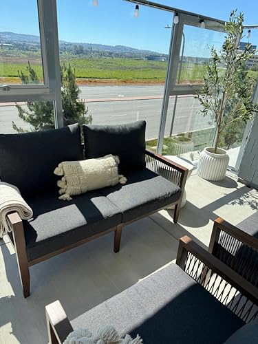 Nathan James Freya Bohemian Wood Loveseat Dark Acacia Wood/Dark Gray Cushion