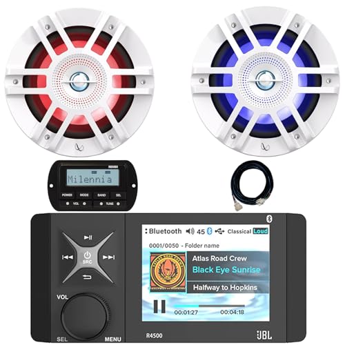 Enrock Marine 4" Color LCD Display Bluetooth AM/FM/WB Stereo Receiver with Wired Remote & 2x 6.5" 300W Max Power 2-Way Coaxial RGB LED Boat Speakers White LED
