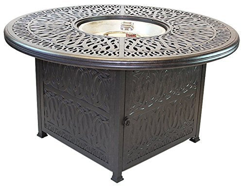 Patio Land Grand Tuscany 7 pcs Round Fire Gas Dining Set Dark Bronze with Sunbrella Sesame Cushions
