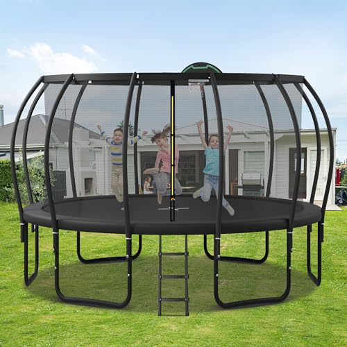 EMKK 15FT Trampoline for Kids with Safety Enclosure and Basketball Board Black Pumpkin Shaped