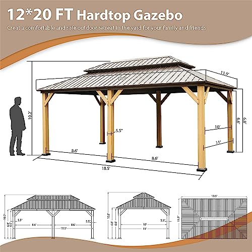 LOPOO Hardtop Gazebo Outdoor Cedar Wood Frame Canopy with Curtain & Netting Brown