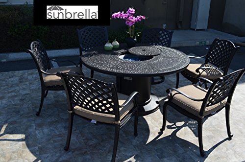 Patio Land Nassau 7pc Outdoor Dining Set with Round 60" Fire Gas Table Dark Bronze & Sunbrella Sesame Cushions