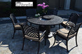 Patio Land Nassau 7pc Outdoor Dining Set with Round 60" Fire Gas Table Dark Bronze & Sunbrella Sesame Cushions