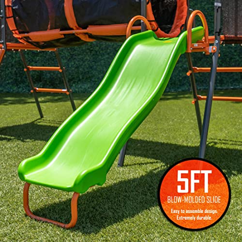 Jungle Warrior Anaconda Metal Swing Set with Saucer & Sling Swings, Rock Wall, 5ft Slide Orange/Green/Grey